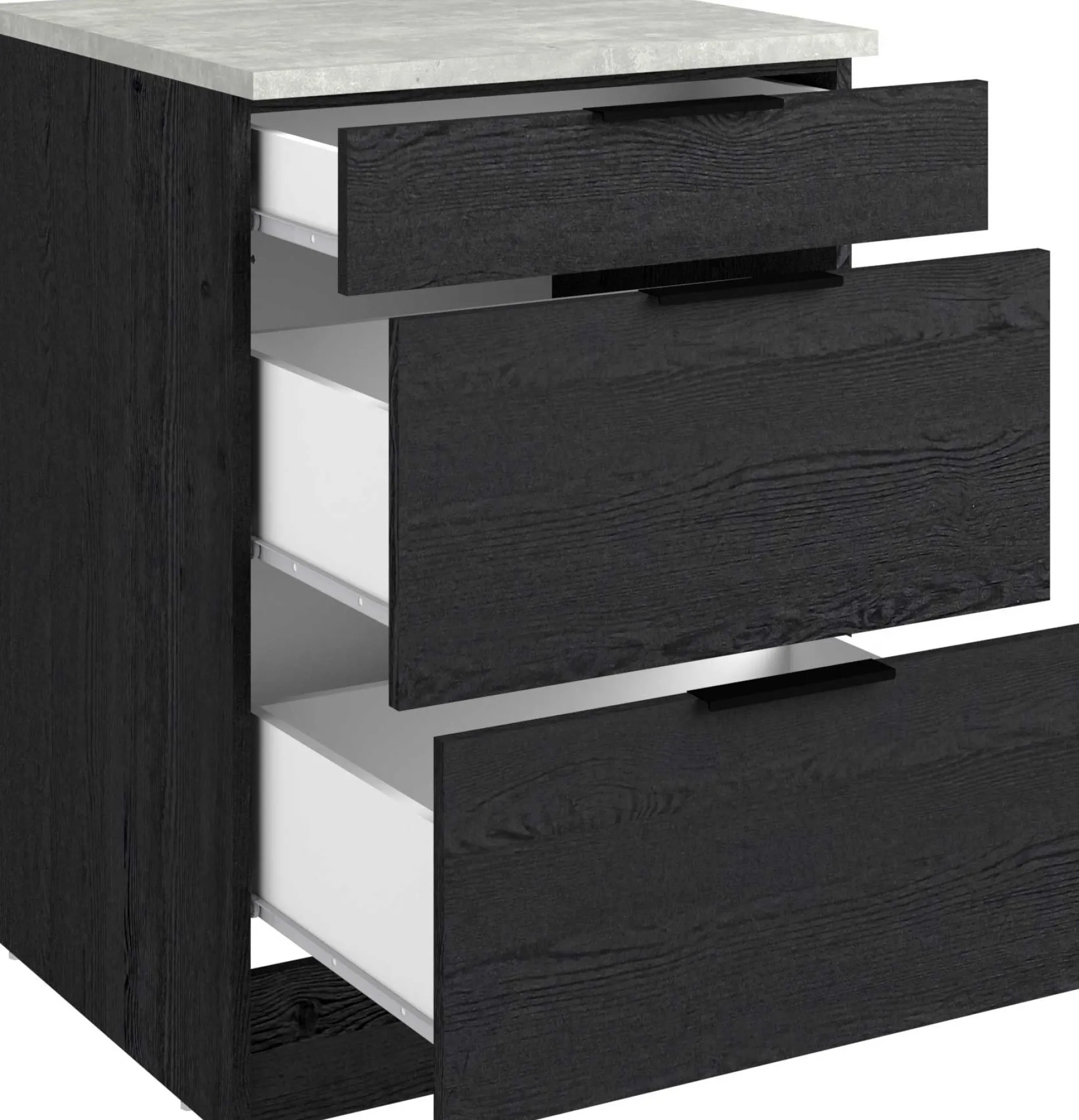 Küchenunterschrank Anna - 60x60x87cm - 3 Schubladen - Eiche schwarz Dekor/weißer Stein