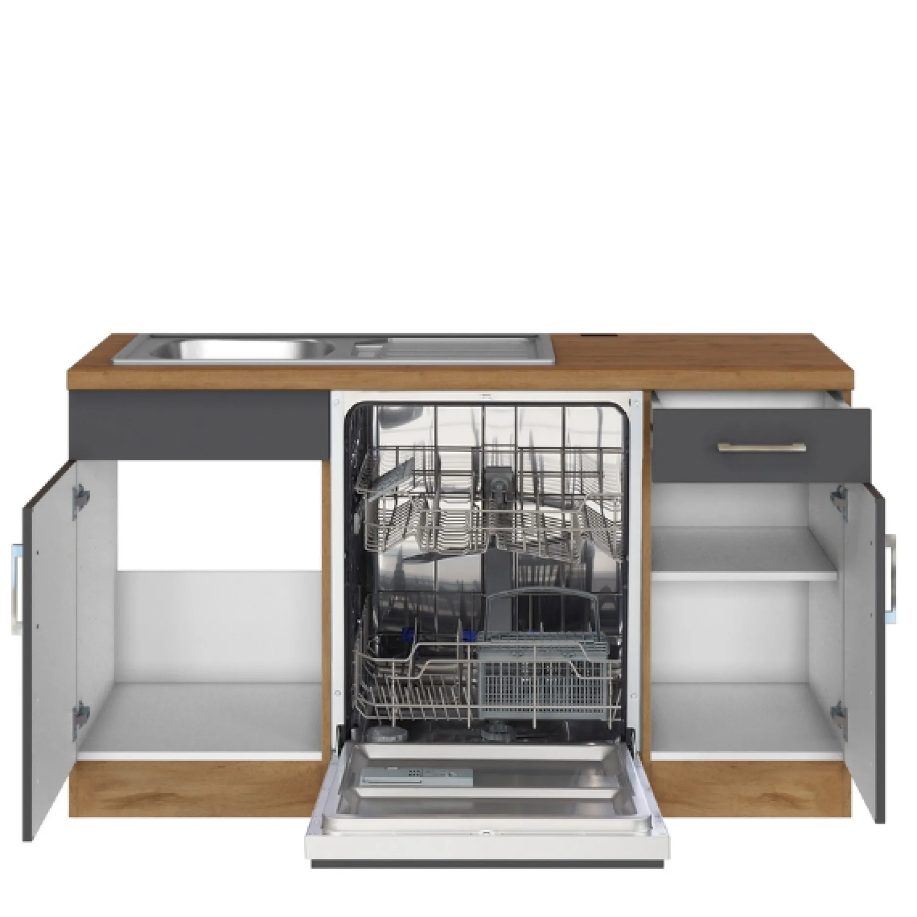 Küchenzeile in L-Form Sorrella 270cm mit Backofen, Geschirrspüler und Kühlschrank - anthrazit/eiche