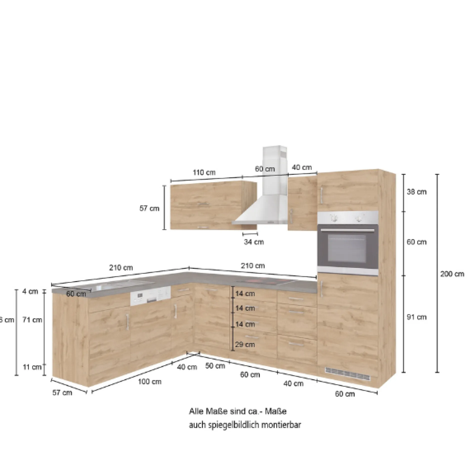 Küchenzeile in L-Form Sorrella 270cm mit Backofen, Geschirrspüler und Kühlschrank - anthrazit/eiche