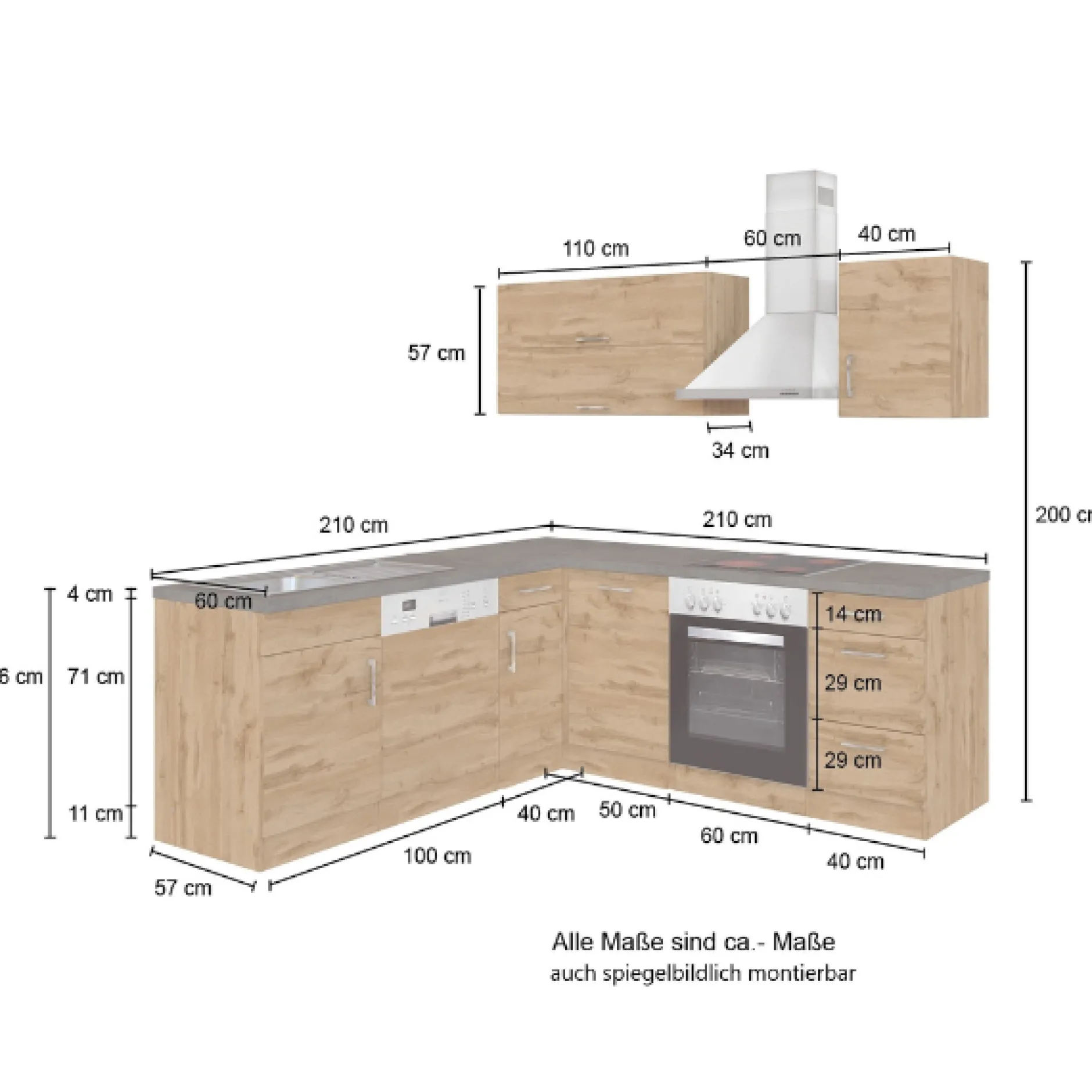Küchenzeile in L-Form Sorrella 210cm mit Platz für Backofen und Geschirrspüler - weiß/Eiche