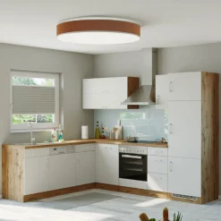 Küchenzeile in L-Form Sorrella 270cm mit Platz für Backofen, Geschirrspüler und Kühlschrank - weiß/Eiche