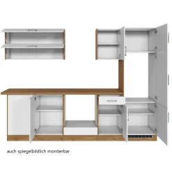 Küchenzeile in L-Form Sorrella 270cm mit Platz für Backofen, Geschirrspüler und Kühlschrank - weiß/Eiche