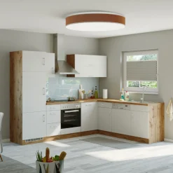 Küchenzeile in L-Form Sorrella 270cm mit Platz für Backofen, Geschirrspüler und Kühlschrank - weiß/Eiche