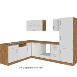 Küchenzeile in L-Form Sorrella 270cm mit Platz für Backofen, Geschirrspüler und Kühlschrank - weiß/Eiche