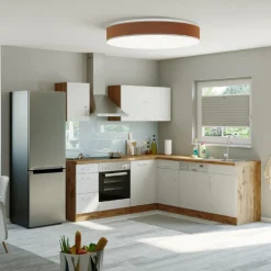 Küchenzeile in L-Form Sorrella 210cm mit Backofen und Geschirrspüler - weiß/Eiche