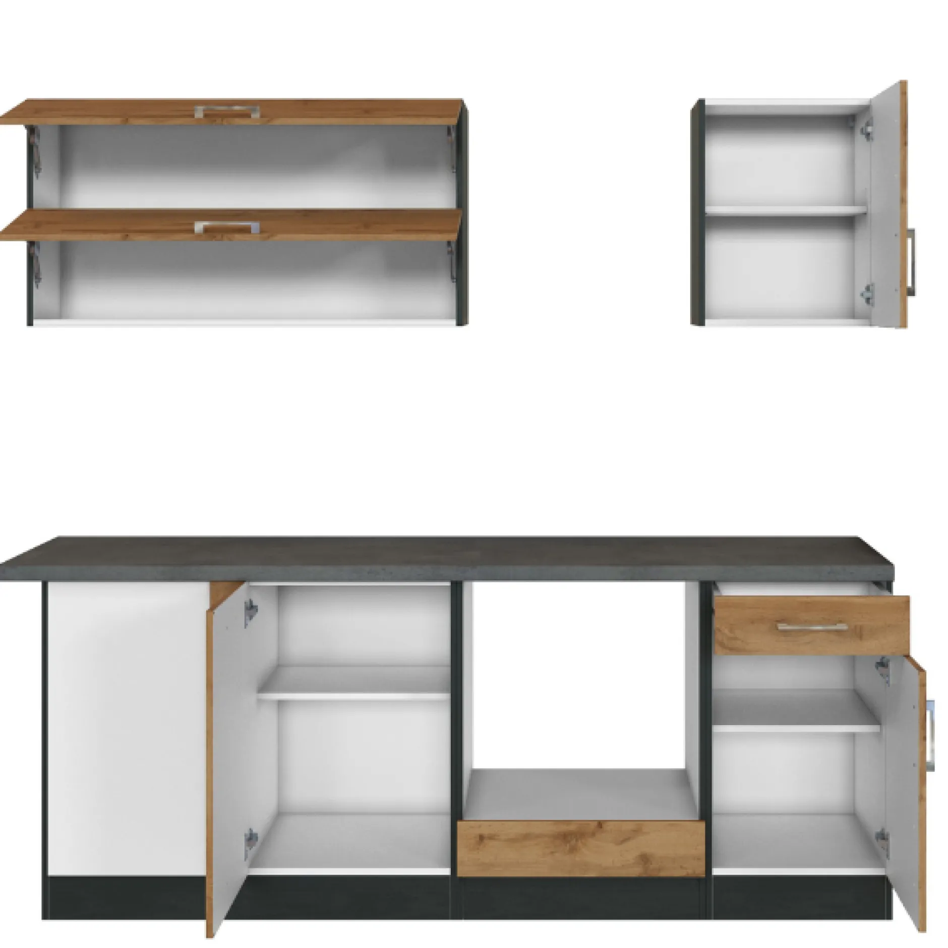 Küchenzeile in L-Form Sorrella 210cm mit Platz für Backofen und Geschirrspüler - Eiche/Graphit