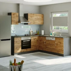 Küchenzeile in L-Form Sorrella 210cm mit Platz für Backofen und Geschirrspüler - Eiche/Graphit