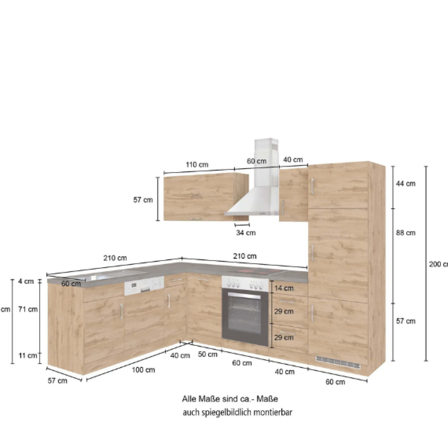 Küchenzeile in L-Form Sorrella 270cm mit Platz für Backofen, Geschirrspüler und Kühlschrank - Eiche