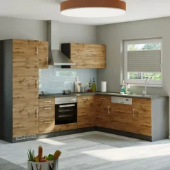 Küchenzeile in L-Form Sorrella 270cm mit Platz für Backofen, Geschirrspüler und Kühlschrank - Eiche/Graphit