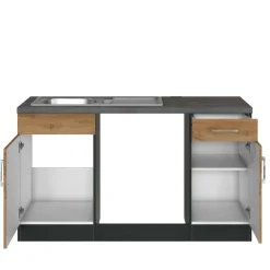 Küchenzeile in L-Form Sorrella 270cm mit Platz für Backofen, Geschirrspüler und Kühlschrank - Eiche/Graphit