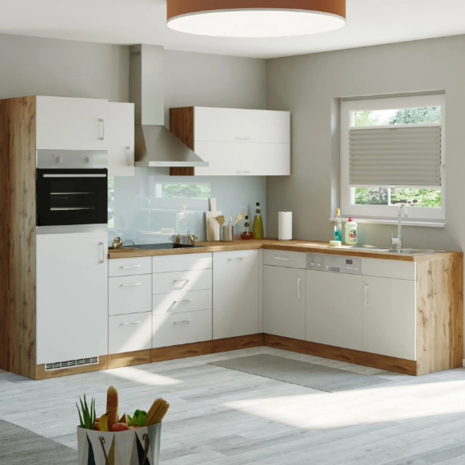 Küchenzeile in L-Form Sorrella 270cm mit Platz für Backofen, Geschirrspüler und Kühlschrank - weiß/Eiche