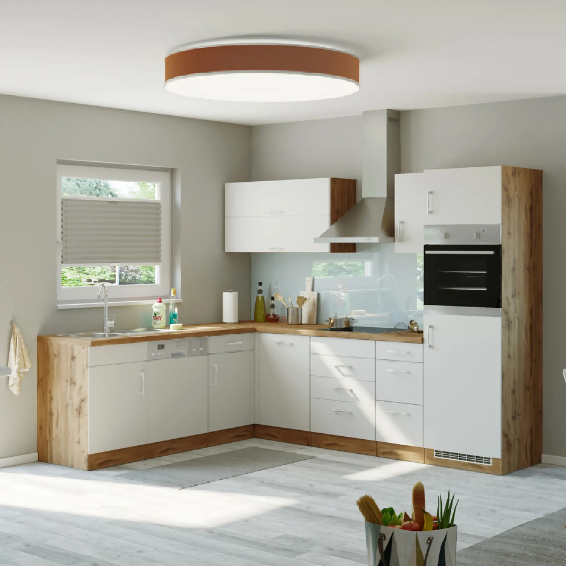 Küchenzeile in L-Form Sorrella 270cm mit Platz für Backofen, Geschirrspüler und Kühlschrank - weiß/Eiche