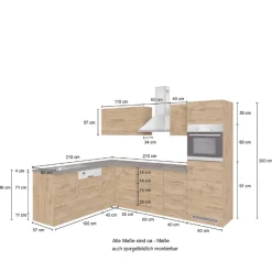Küchenzeile in L-Form Sorrella 270cm mit Platz für Backofen, Geschirrspüler und Kühlschrank - weiß/Eiche