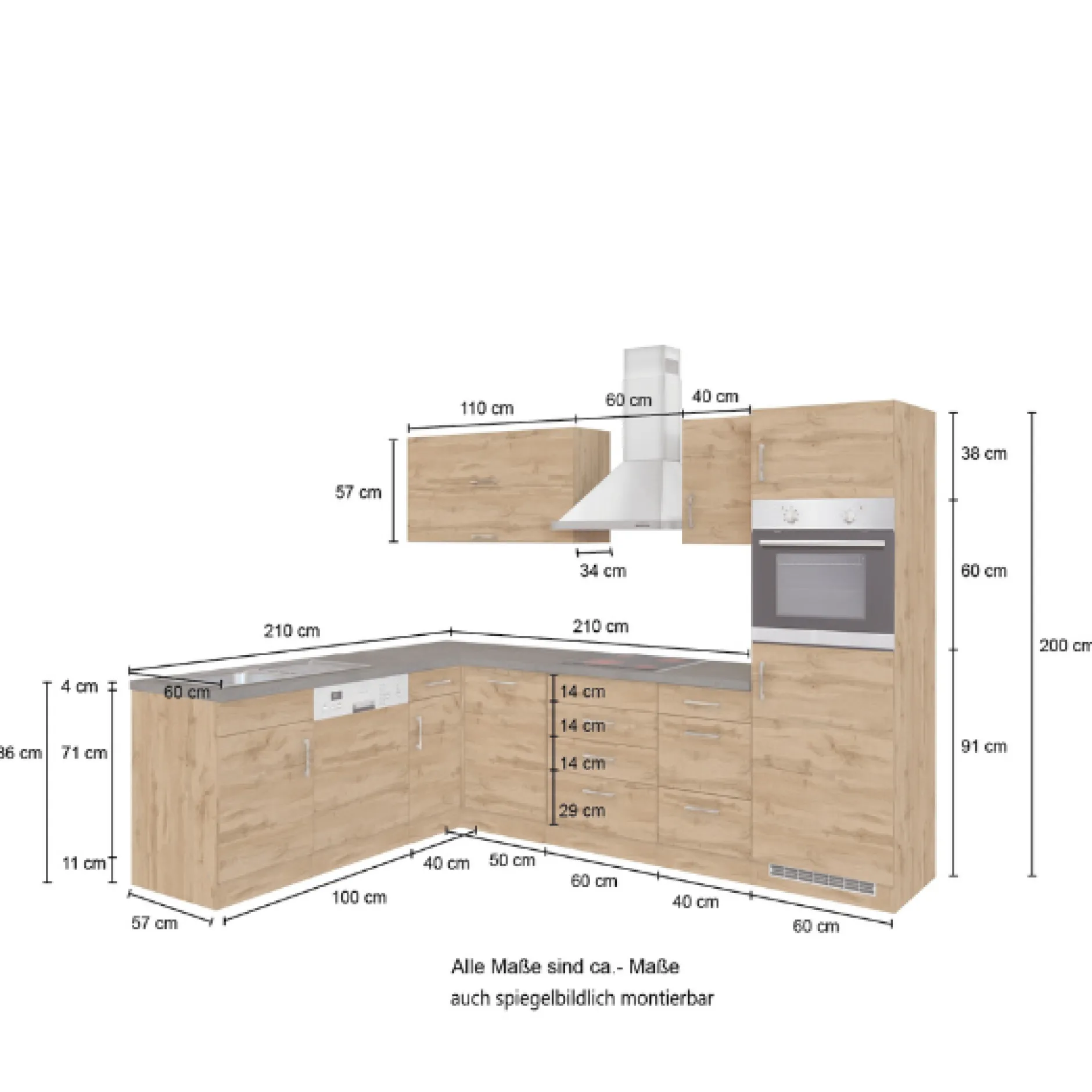 Küchenzeile in L-Form Sorrella 270cm mit Platz für Backofen, Geschirrspüler und Kühlschrank - weiß/Eiche