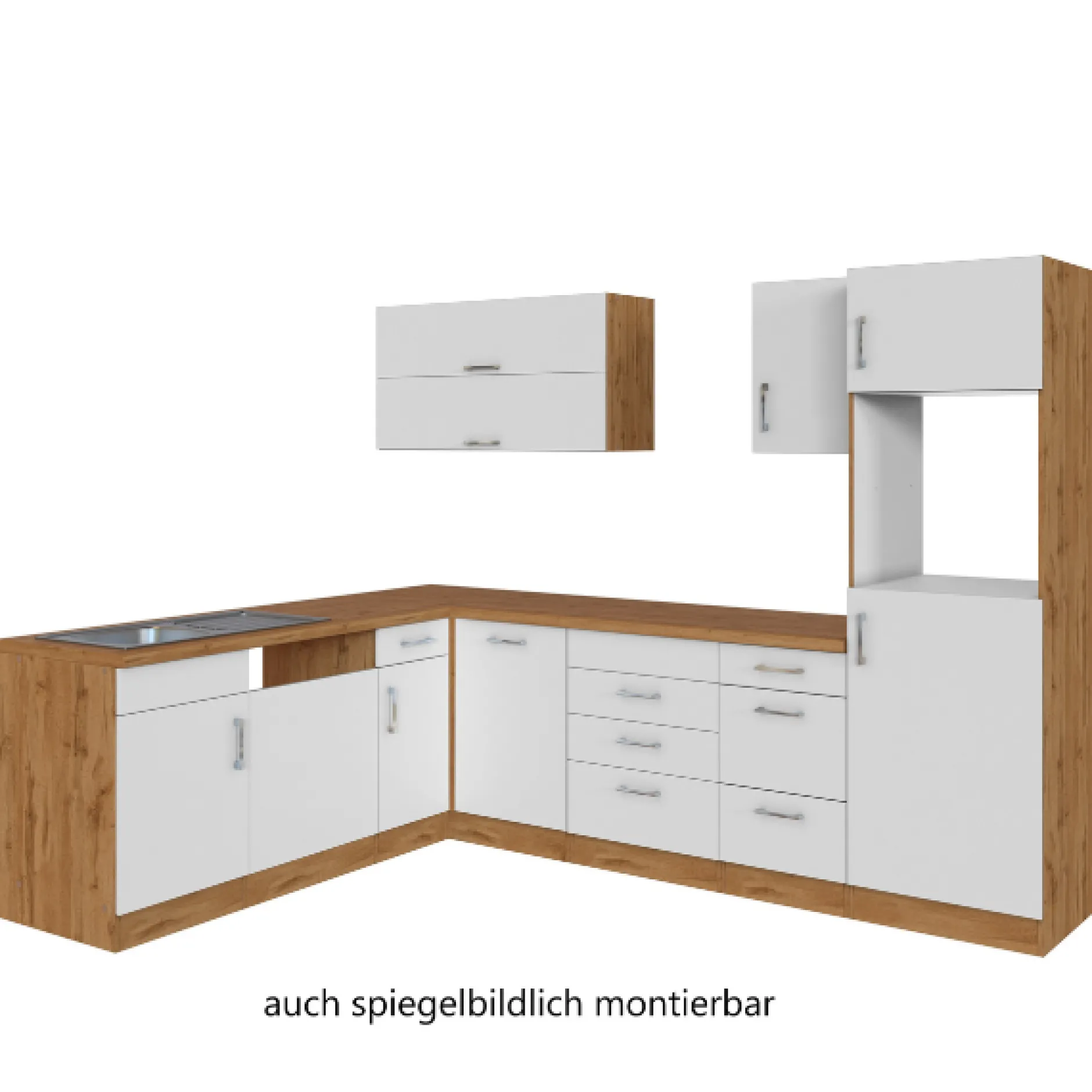 Küchenzeile in L-Form Sorrella 270cm mit Platz für Backofen, Geschirrspüler und Kühlschrank - weiß/Eiche