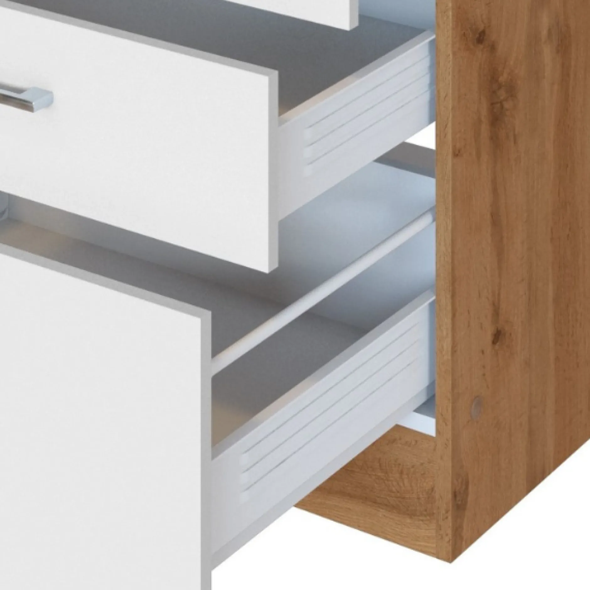 Küchenzeile in L-Form Sorrella 270cm mit Platz für Backofen, Geschirrspüler und Kühlschrank - weiß/Eiche