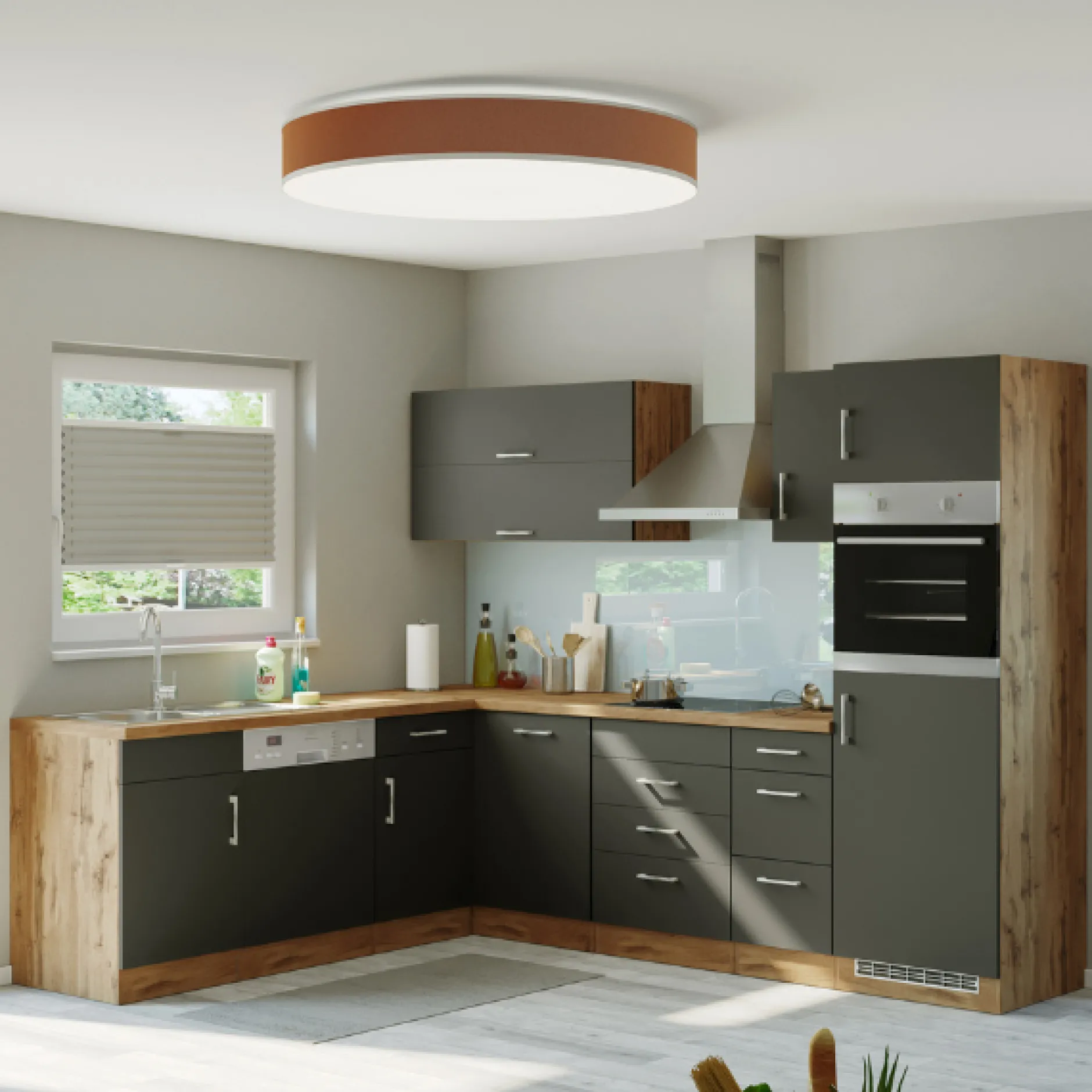 Küchenzeile in L-Form Sorrella 270cm mit Platz für Backofen, Geschirrspüler und Kühlschrank - anthrazit/ocker