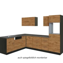 Küchenzeile in L-Form Sorrella 270cm mit Platz für Backofen, Geschirrspüler und Kühlschrank - Eiche/Graphit