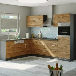 Küchenzeile in L-Form Sorrella 270cm mit Platz für Backofen, Geschirrspüler und Kühlschrank - Eiche/Graphit