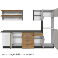 Küchenzeile in L-Form Sorrella 270cm mit Platz für Backofen, Geschirrspüler und Kühlschrank - Eiche/Graphit