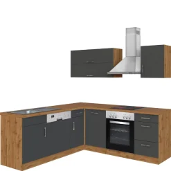 Küchenzeile in L-Form Sorrella 210cm mit Backofen und Geschirrspüler - anthrazit/ocker