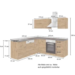 Küchenzeile in L-Form Sorrella 210cm mit Backofen und Geschirrspüler - Eiche