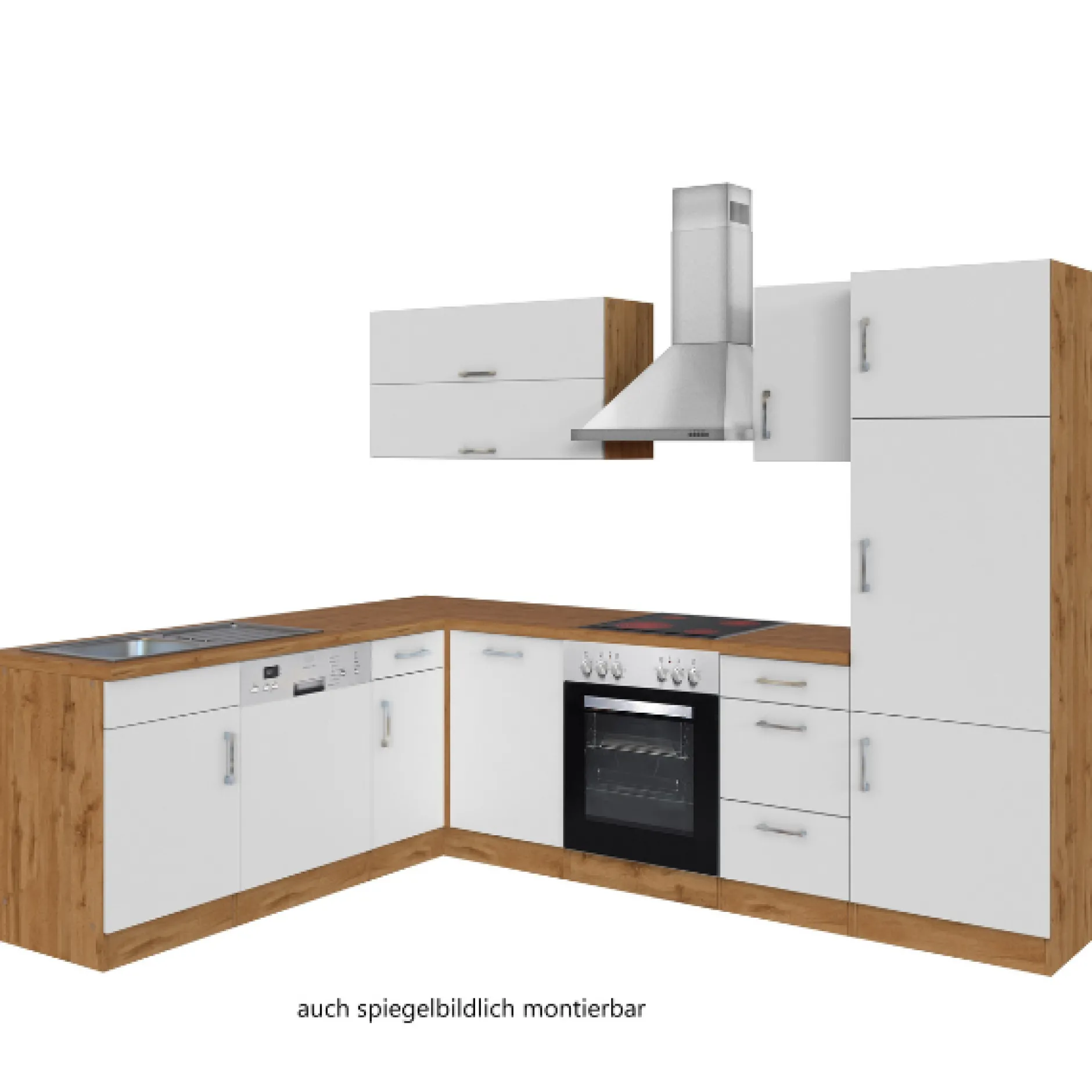 Küchenzeile in L-Form Sorrella 270cm mit Backofen, Geschirrspüler und Kühlschrank - weiß/Eiche