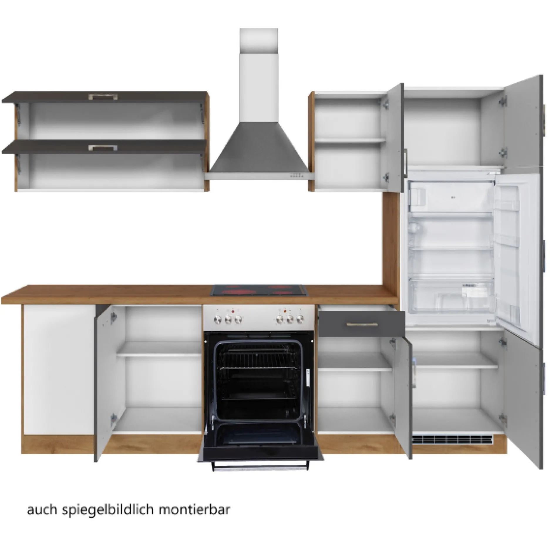 Küchenzeile in L-Form Sorrella 270cm mit Backofen, Geschirrspüler und Kühlschrank - anthrazit/eiche