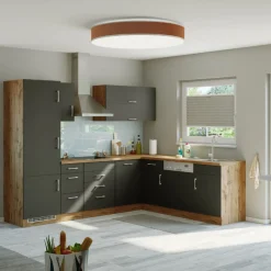 Küchenzeile in L-Form Sorrella 270cm mit Backofen, Geschirrspüler und Kühlschrank - anthrazit/eiche