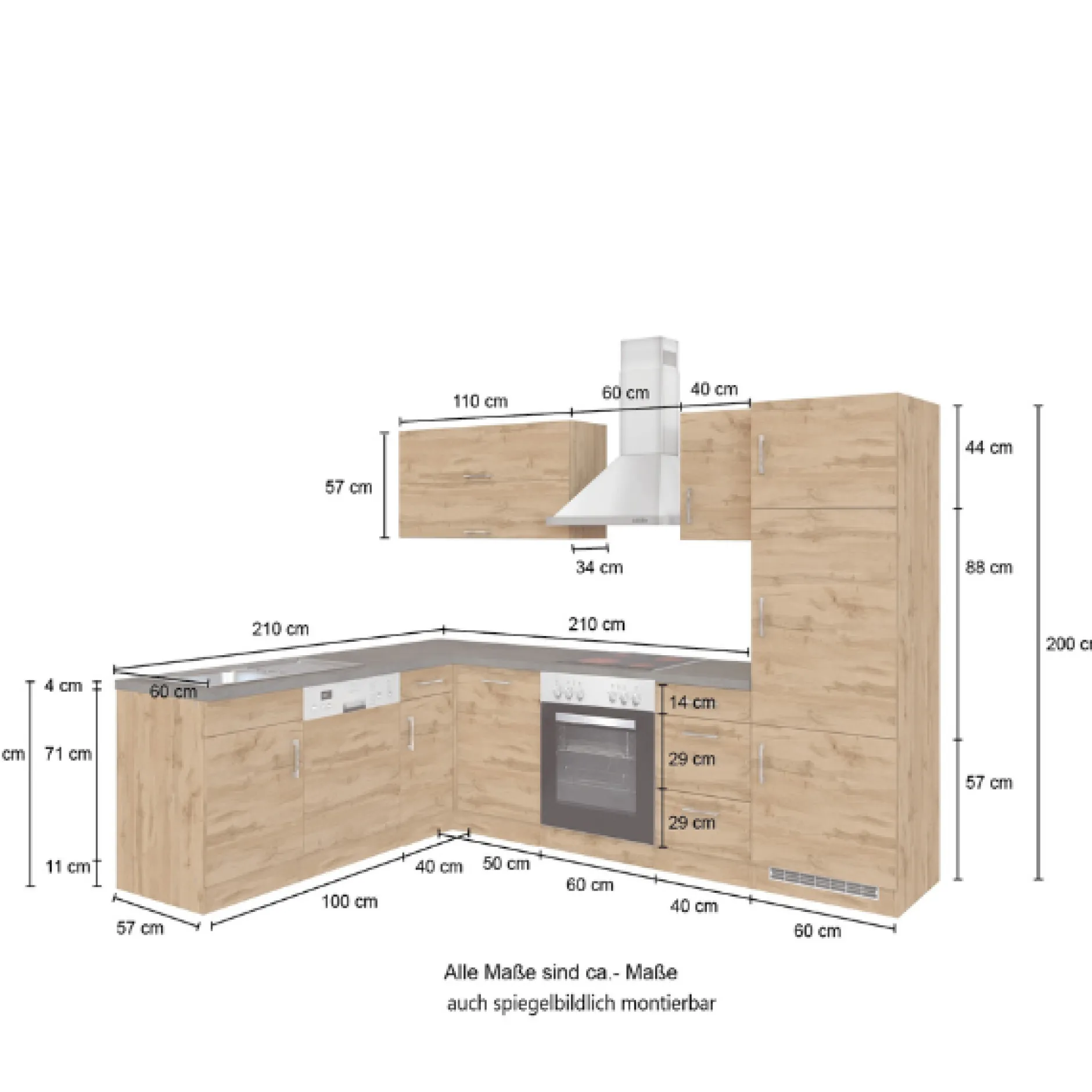 Küchenzeile in L-Form Sorrella 270cm mit Backofen, Geschirrspüler und Kühlschrank - anthrazit/eiche