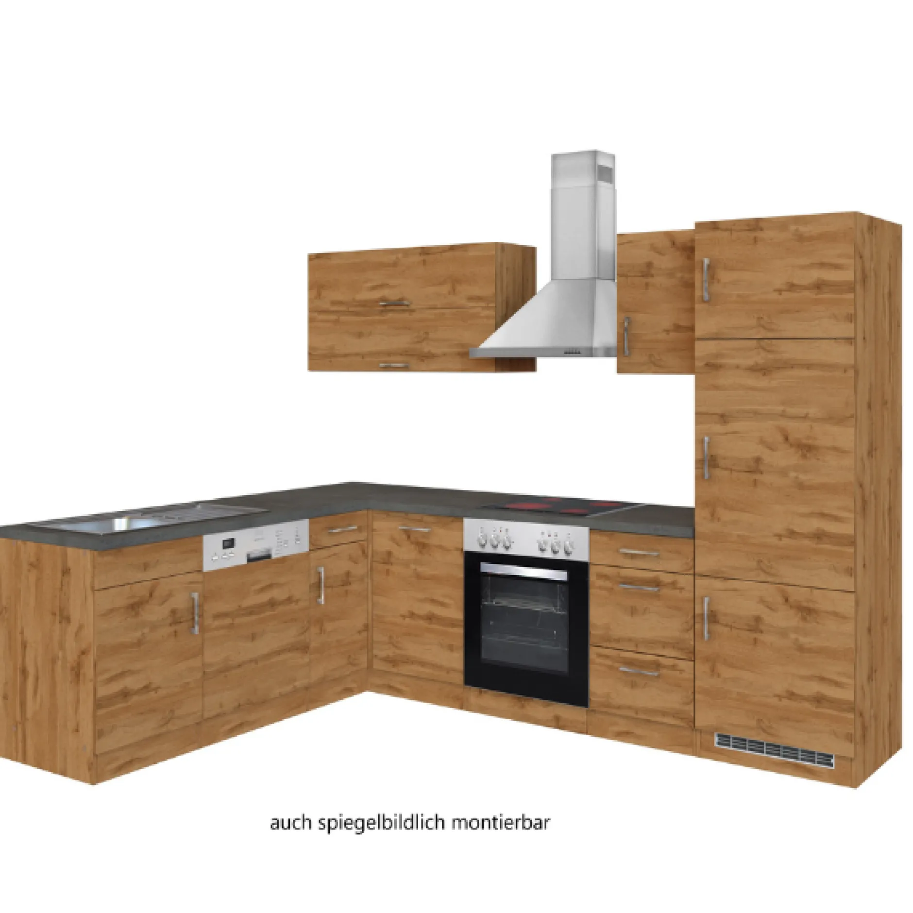 Küchenzeile in L-Form Sorrella 270cm mit Backofen, Geschirrspüler und Kühlschrank - Eiche
