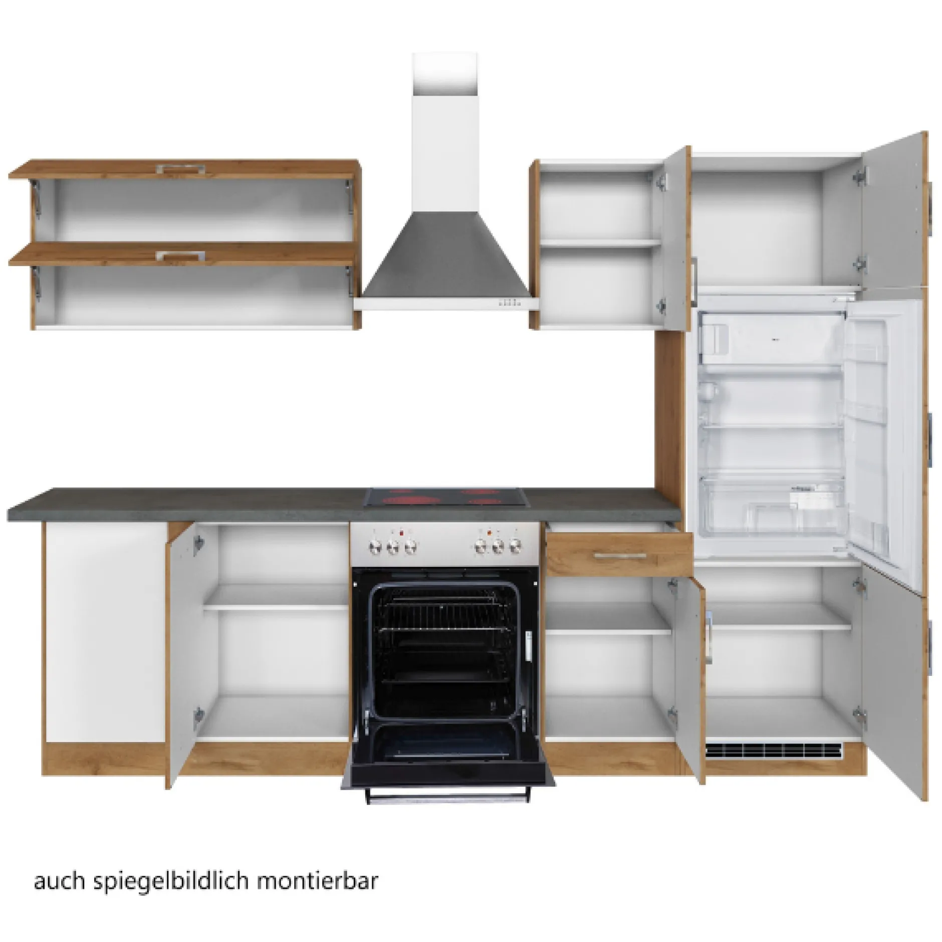 Küchenzeile in L-Form Sorrella 270cm mit Backofen, Geschirrspüler und Kühlschrank - Eiche
