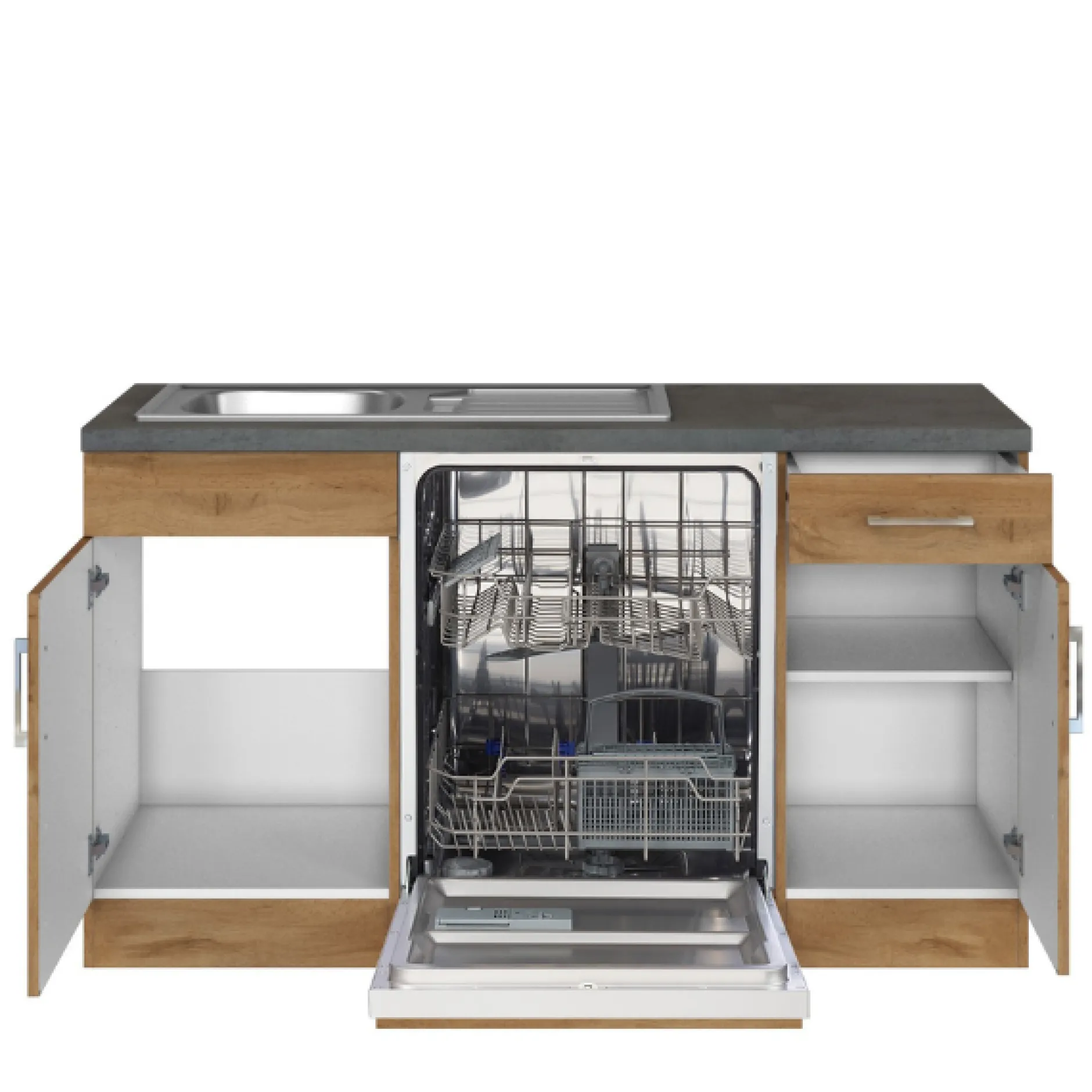 Küchenzeile in L-Form Sorrella 270cm mit Backofen, Geschirrspüler und Kühlschrank - Eiche