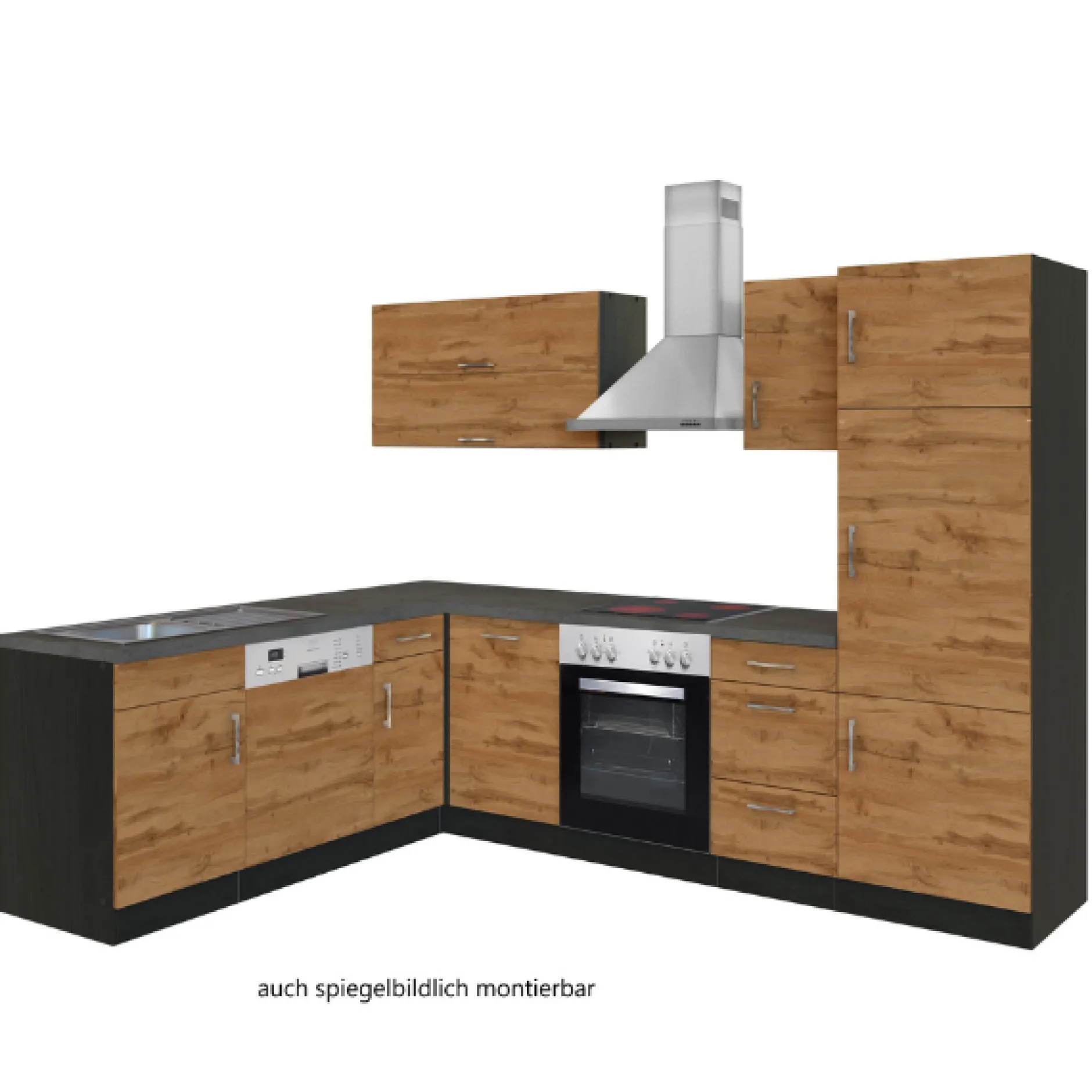 Küchenzeile in L-Form Sorrella 270cm mit Backofen, Geschirrspüler und Kühlschrank - Eiche/Graphit