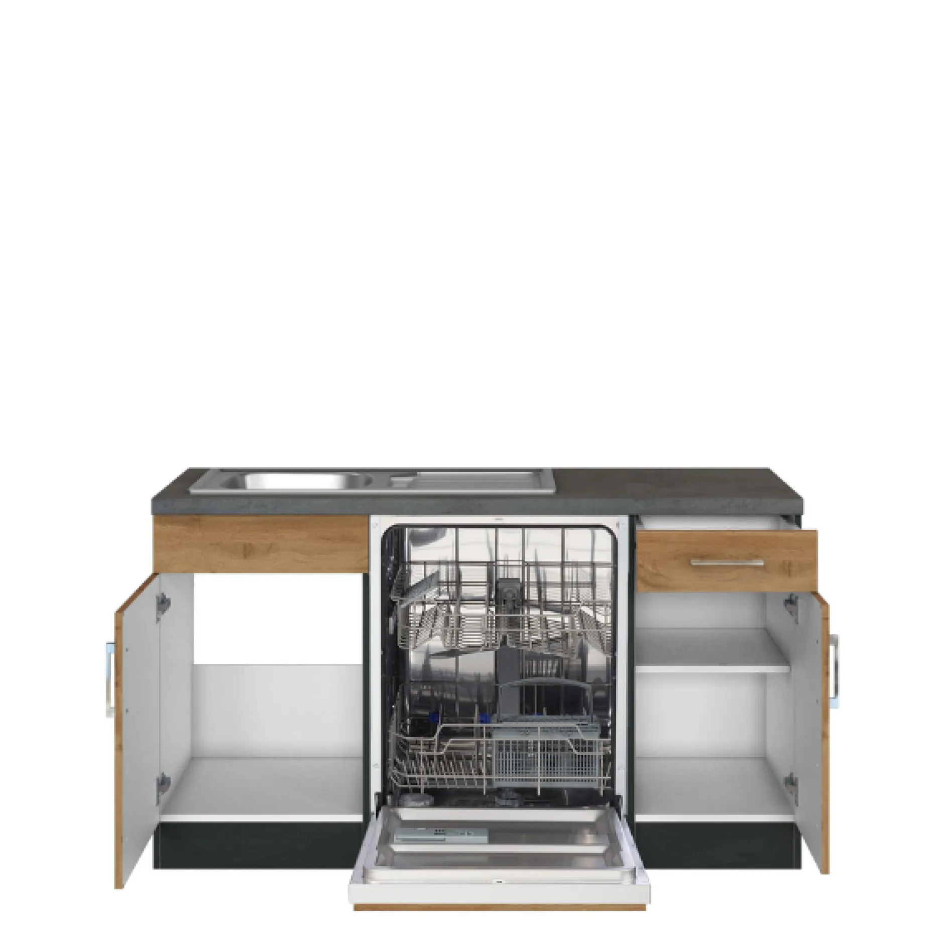 Küchenzeile in L-Form Sorrella 270cm mit Backofen, Geschirrspüler und Kühlschrank - Eiche/Graphit