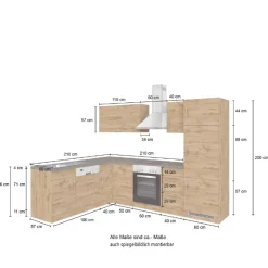 Küchenzeile in L-Form Sorrella 270cm mit Backofen, Geschirrspüler und Kühlschrank - Eiche/Graphit