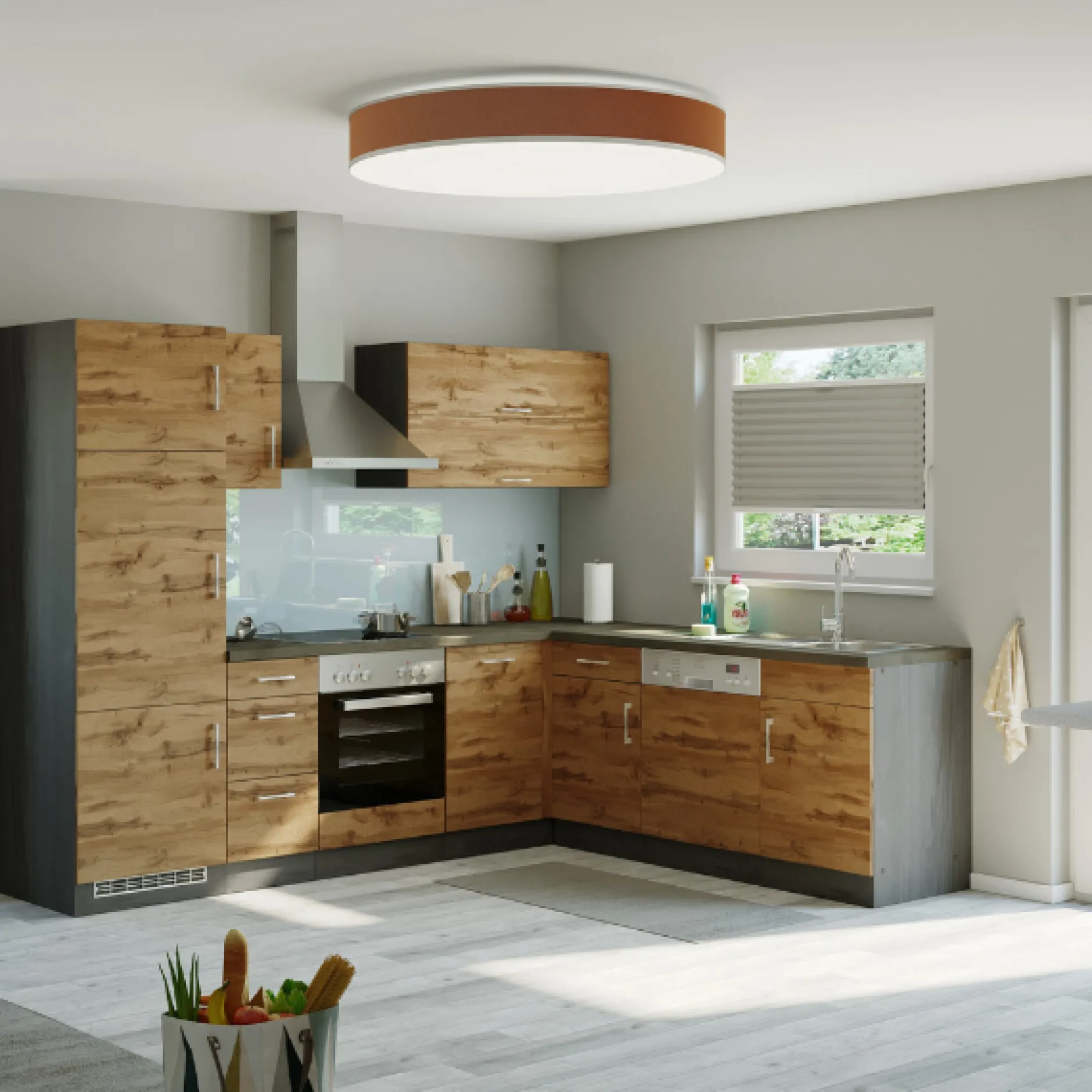 Küchenzeile in L-Form Sorrella 270cm mit Backofen, Geschirrspüler und Kühlschrank - Eiche/Graphit