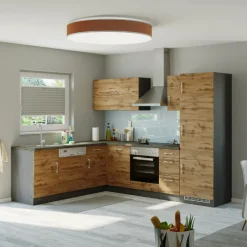 Küchenzeile in L-Form Sorrella 270cm mit Backofen, Geschirrspüler und Kühlschrank - Eiche/Graphit
