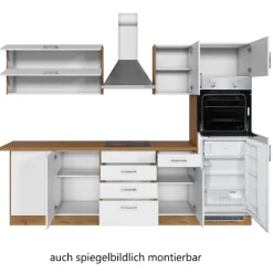 Küchenzeile in L-Form Sorrella 270cm mit Backofen, Geschirrspüler und Kühlschrank - weiß/Eiche