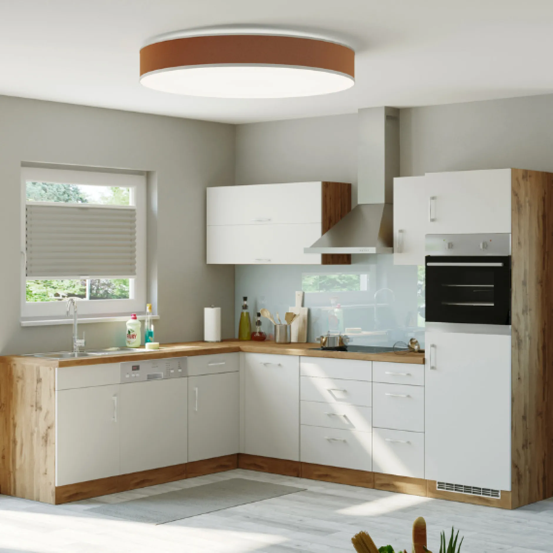 Küchenzeile in L-Form Sorrella 270cm mit Backofen, Geschirrspüler und Kühlschrank - weiß/Eiche