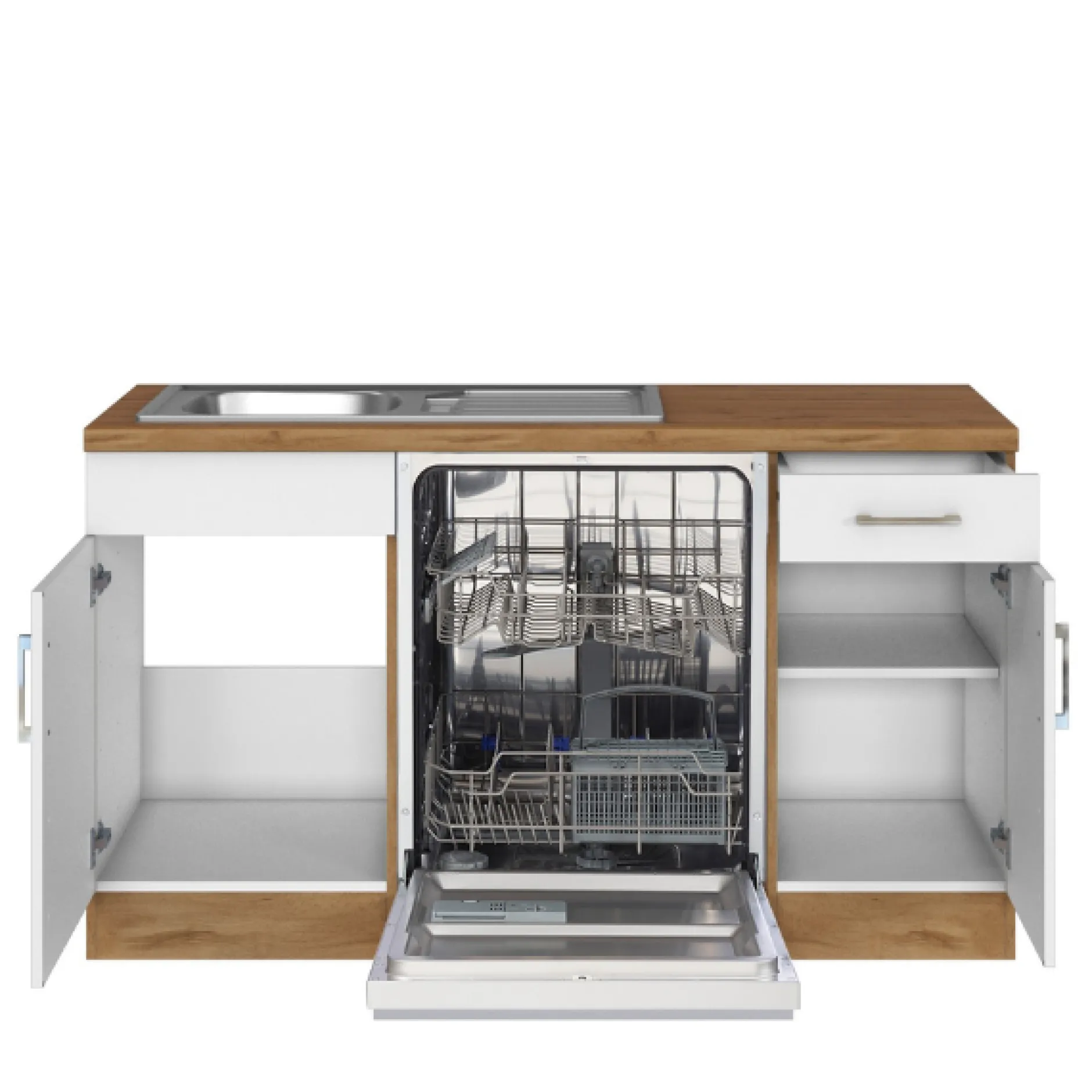 Küchenzeile in L-Form Sorrella 270cm mit Backofen, Geschirrspüler und Kühlschrank - weiß/Eiche