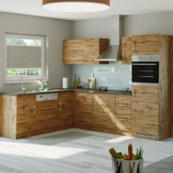 Küchenzeile in L-Form Sorrella 270cm mit Backofen, Geschirrspüler und Kühlschrank - Eiche