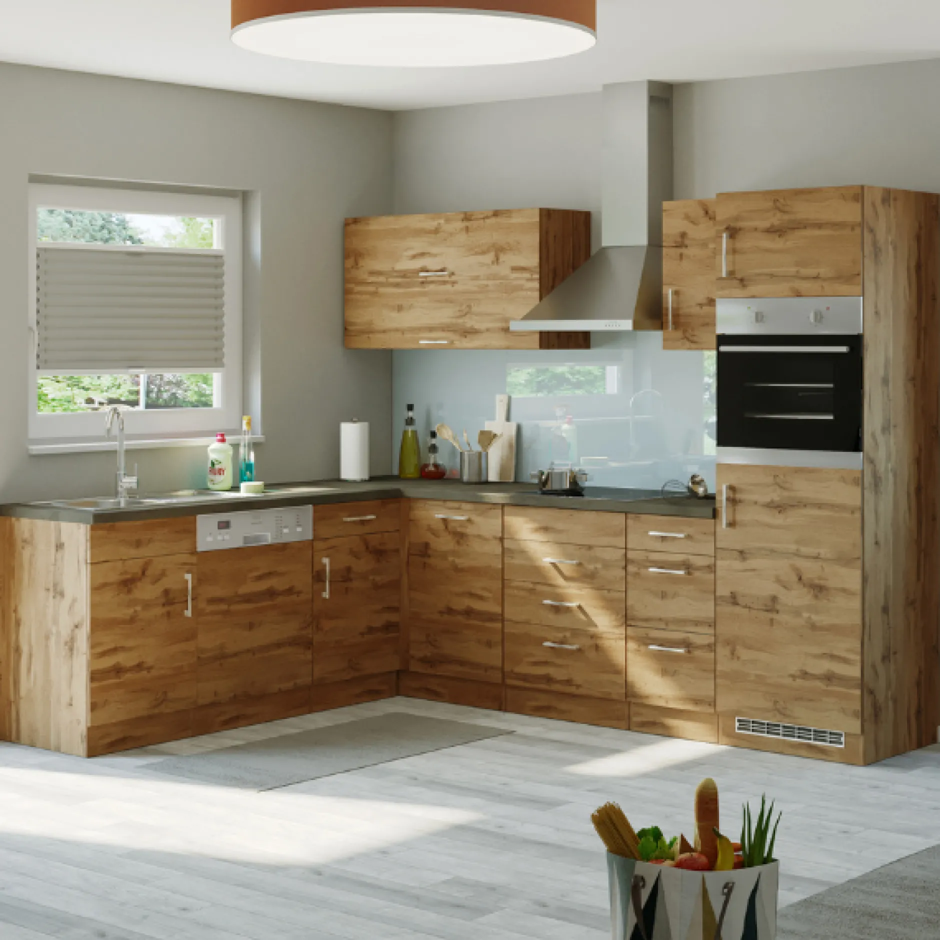 Küchenzeile in L-Form Sorrella 270cm mit Backofen, Geschirrspüler und Kühlschrank - Eiche