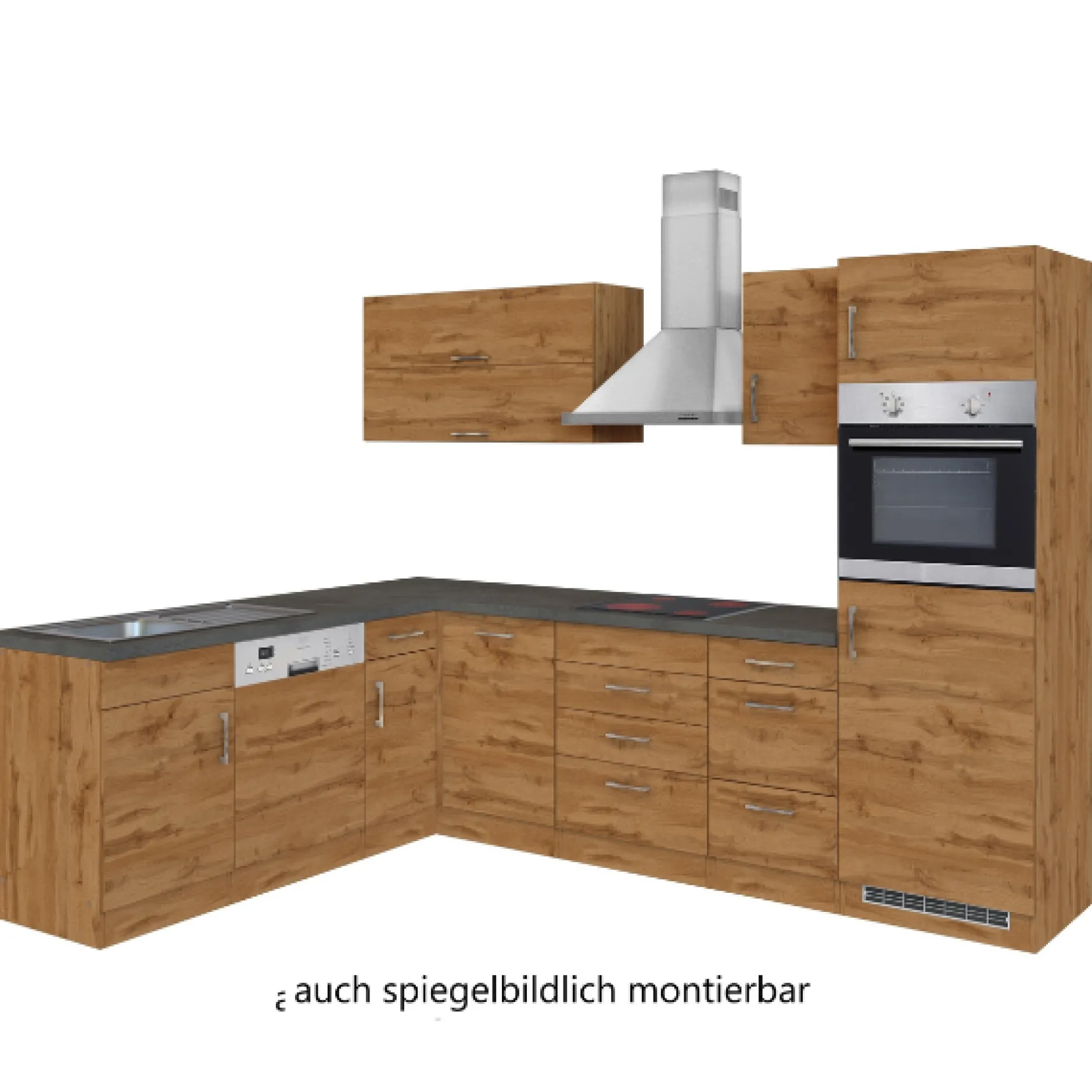 Küchenzeile in L-Form Sorrella 270cm mit Backofen, Geschirrspüler und Kühlschrank - Eiche