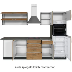 Küchenzeile in L-Form Sorrella 270cm mit Backofen, Geschirrspüler und Kühlschrank - Eiche/Graphit