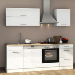 Küchenzeile Ragnar 220cm mit Backofen und Geschirrspüler - Hochglanz weiß