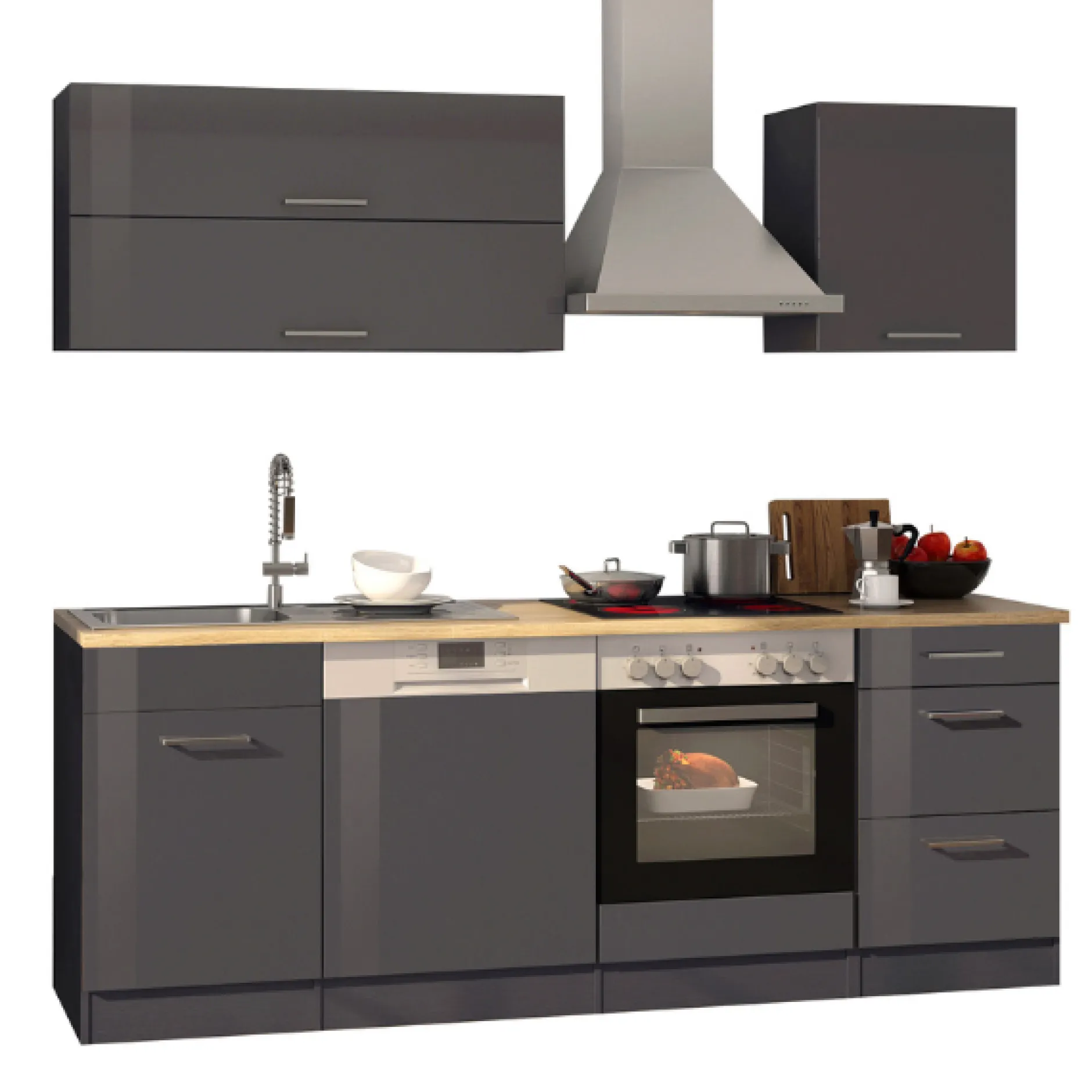Küchenzeile Ragnar 220cm mit Backofen und Geschirrspüler - Hochglanz anthrazit