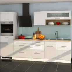 Küchenzeile Ragnar 290cm mit Backofen und Kühlschrank - Hochglanz weiß