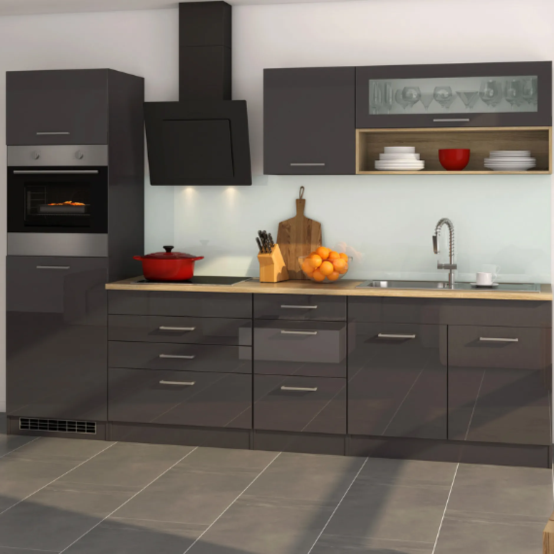 Küchenzeile Ragnar 290cm mit Backofen und Kühlschrank - Hochglanz anthrazit