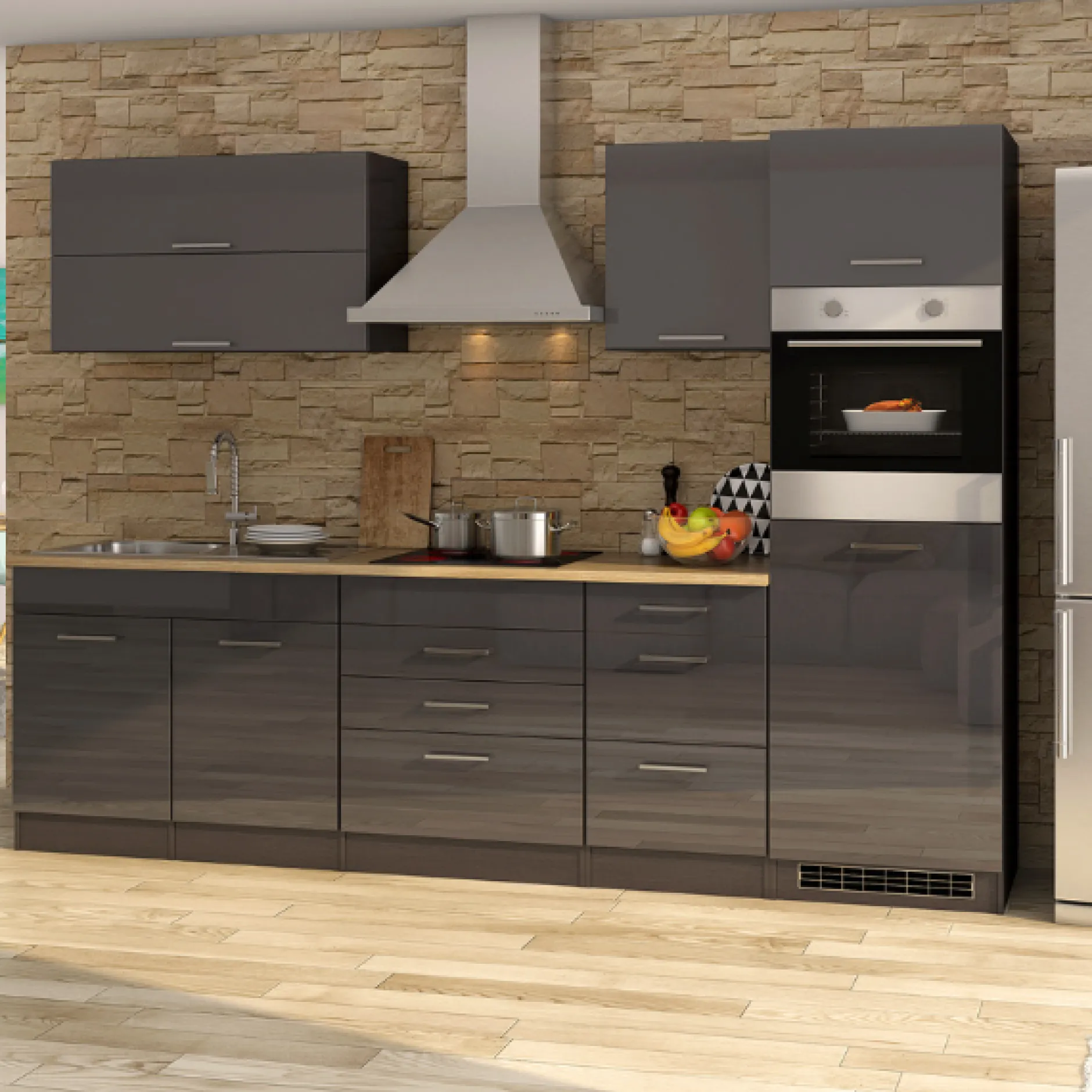 Küchenzeile Ragnar 290cm mit Backofen - Hochglanz anthrazit